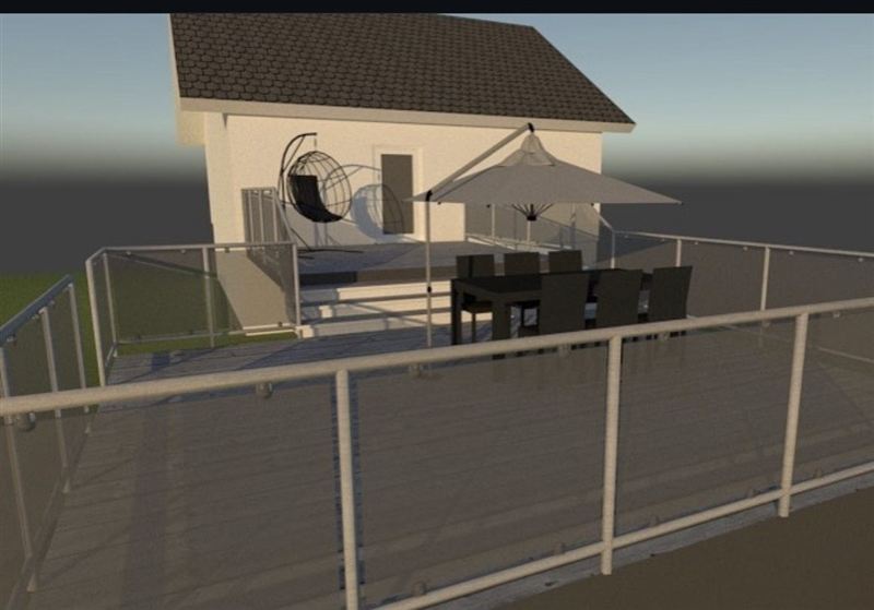 3D-skiss av altan med glasräcke runt ett bostadshus
