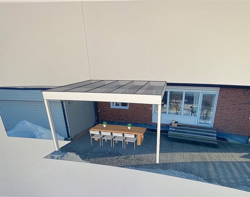 3D-modell av altantak med glastak monterat mot tegelhus