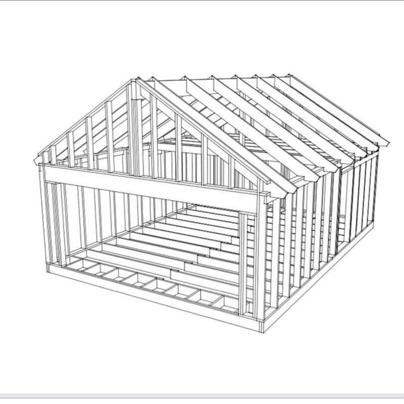 3D-konstruktionsritning som visar regelstomme, bjälklag och takstolar till ett fritidshus